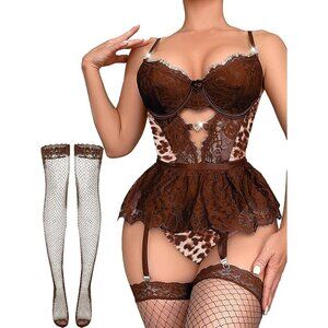 Women's Brown Leopard Bodysuit Underwire Babydoll Lingerie Set Garter Belt